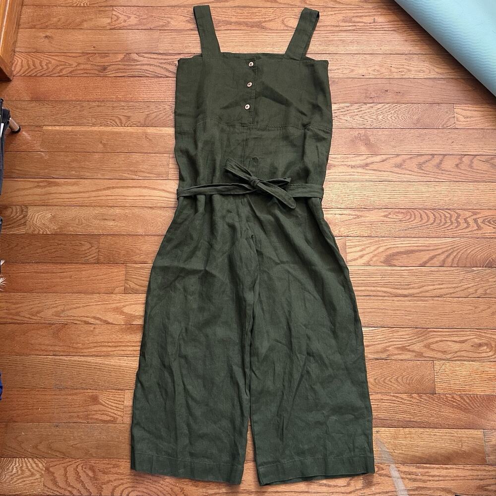 LinenFox 100% Linen Green Jumpsuit Coveralls Overalls Belted Button Up Large